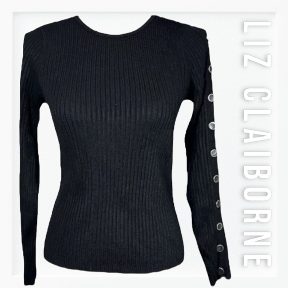 Liz Claiborne Black Ribbed Sweater with Button Sleeve Accents sz M - Picture 1 of 12
